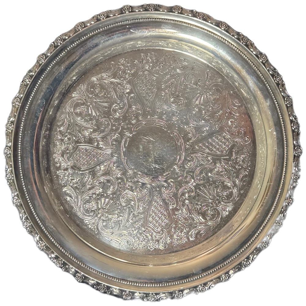 Lunt Silverplate Round Serving Tray Repousse Floral Scalloped Edge 12 Inch